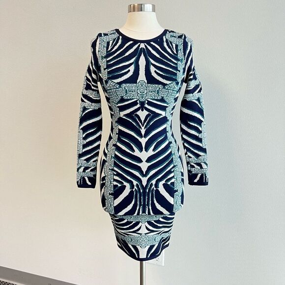 Long Sleeve Mini Dress Size S Knit Zebra Chain Black Blue Stretch Animal Print - Picture 2 of 11